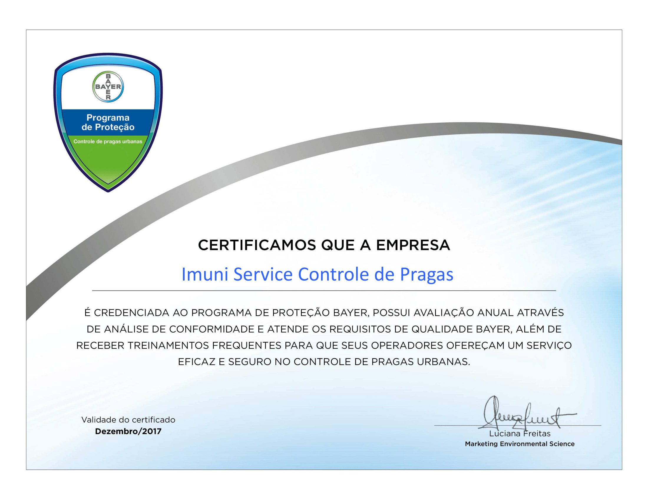 Programa de Proteção Bayer – Imuni Service Certificada Mais Uma Vez Programa de Proteção Bayer – Imuni Service Certificada Mais Uma Vez